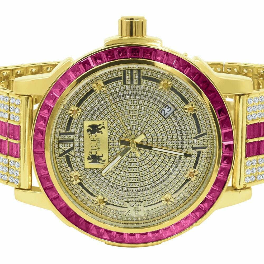 Real Gold Tourmaline Pink Bezel Diamond Stainless Steel Dial Custom Tone Mens Watch