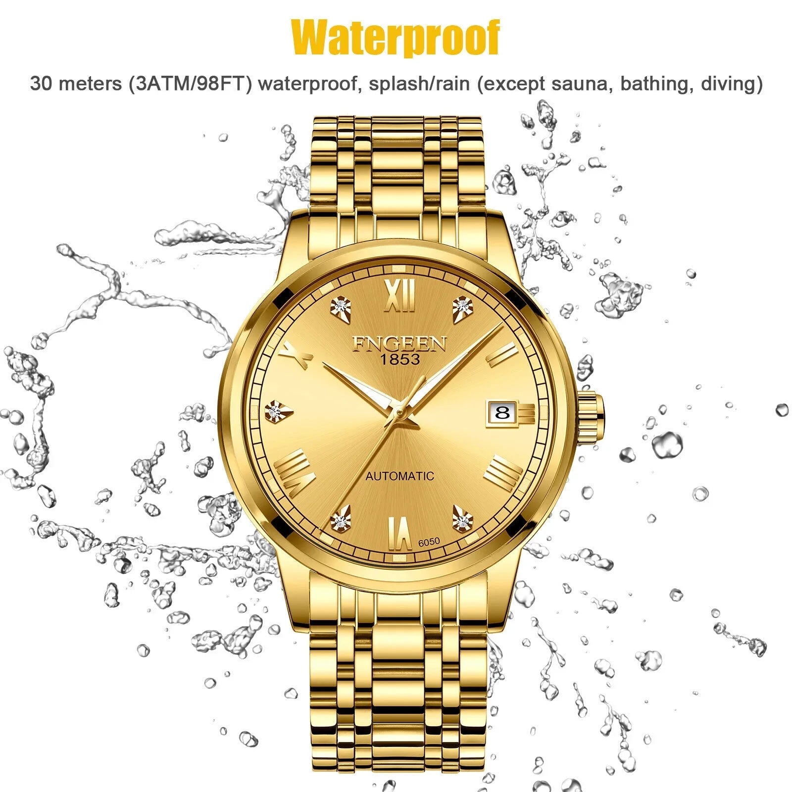 Stainless Wrist Men Mechanical Watch Gold Luxury Automatic Tone Waterproof Steel