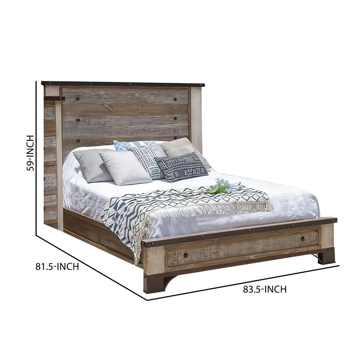 Size Round Brown Wood Fena Bed, Benjara Multicolor Nailheads, King Distressed Black