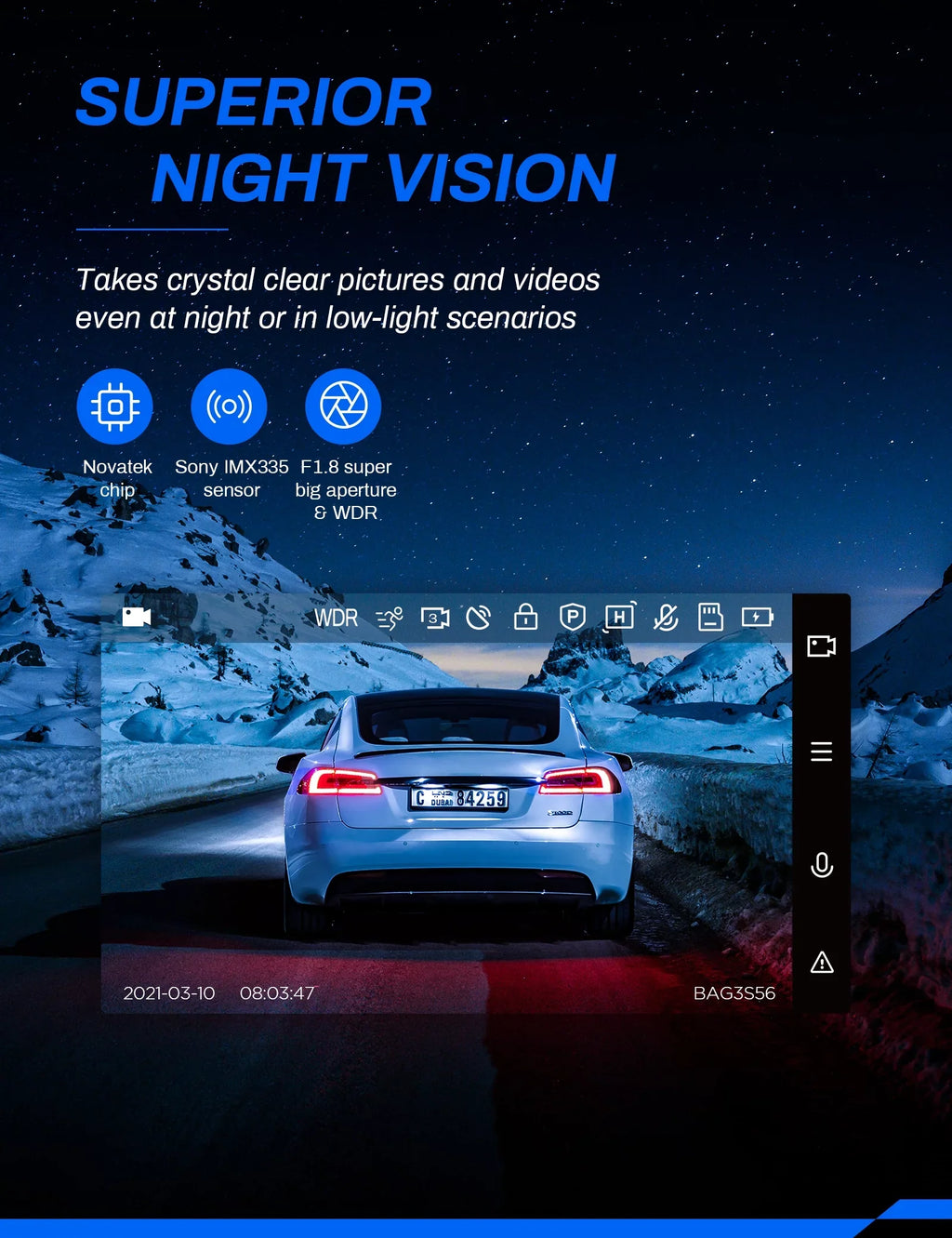 Cars IPS Crosstour Camera Camera Front GPS, for Recorder Cam Dash Backup 170° 2.5K Dashboard Dash 3 Rear, Magnetic and Screen inch