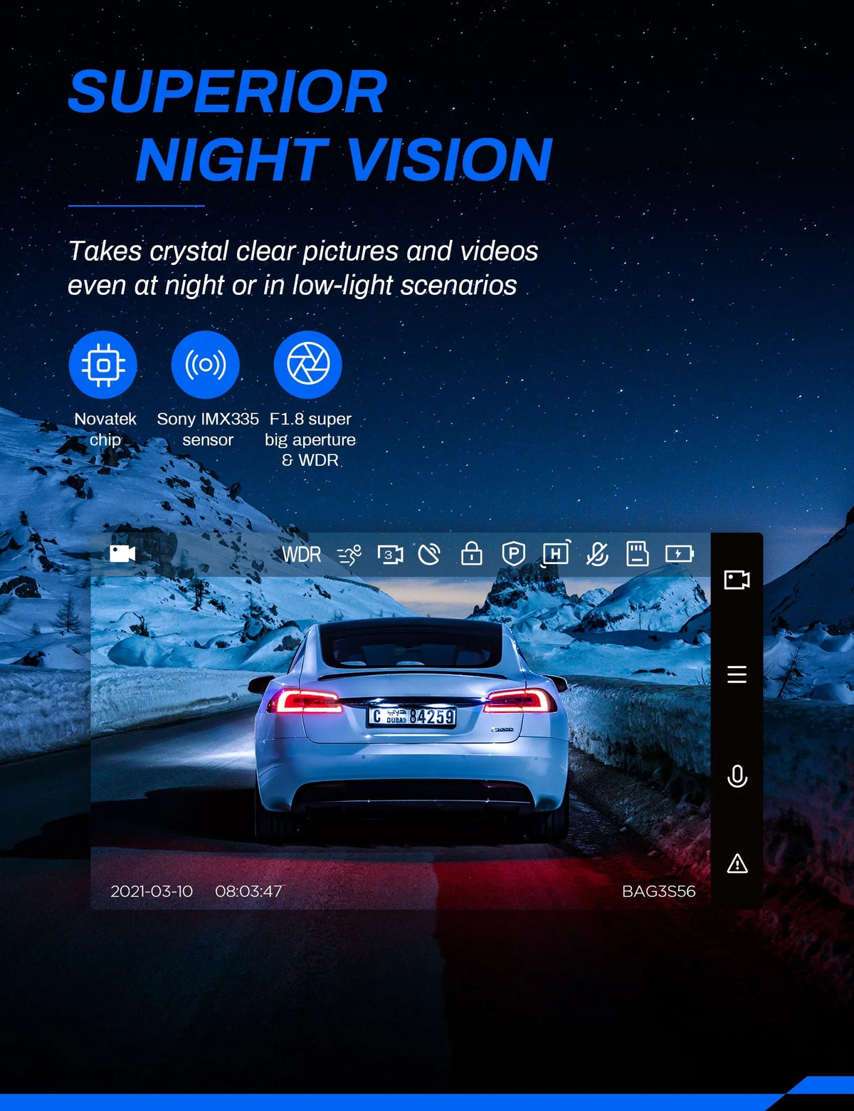 Cars IPS Crosstour Camera Camera Front GPS, for Recorder Cam Dash Backup 170° 2.5K Dashboard Dash 3 Rear, Magnetic and Screen inch