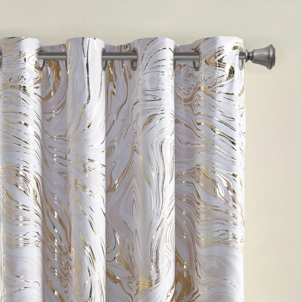 50x84" Total Metallic Marble Intelligent Blackout Grommet Printed Design Top Curtain, Rebecca Blush/Gold,