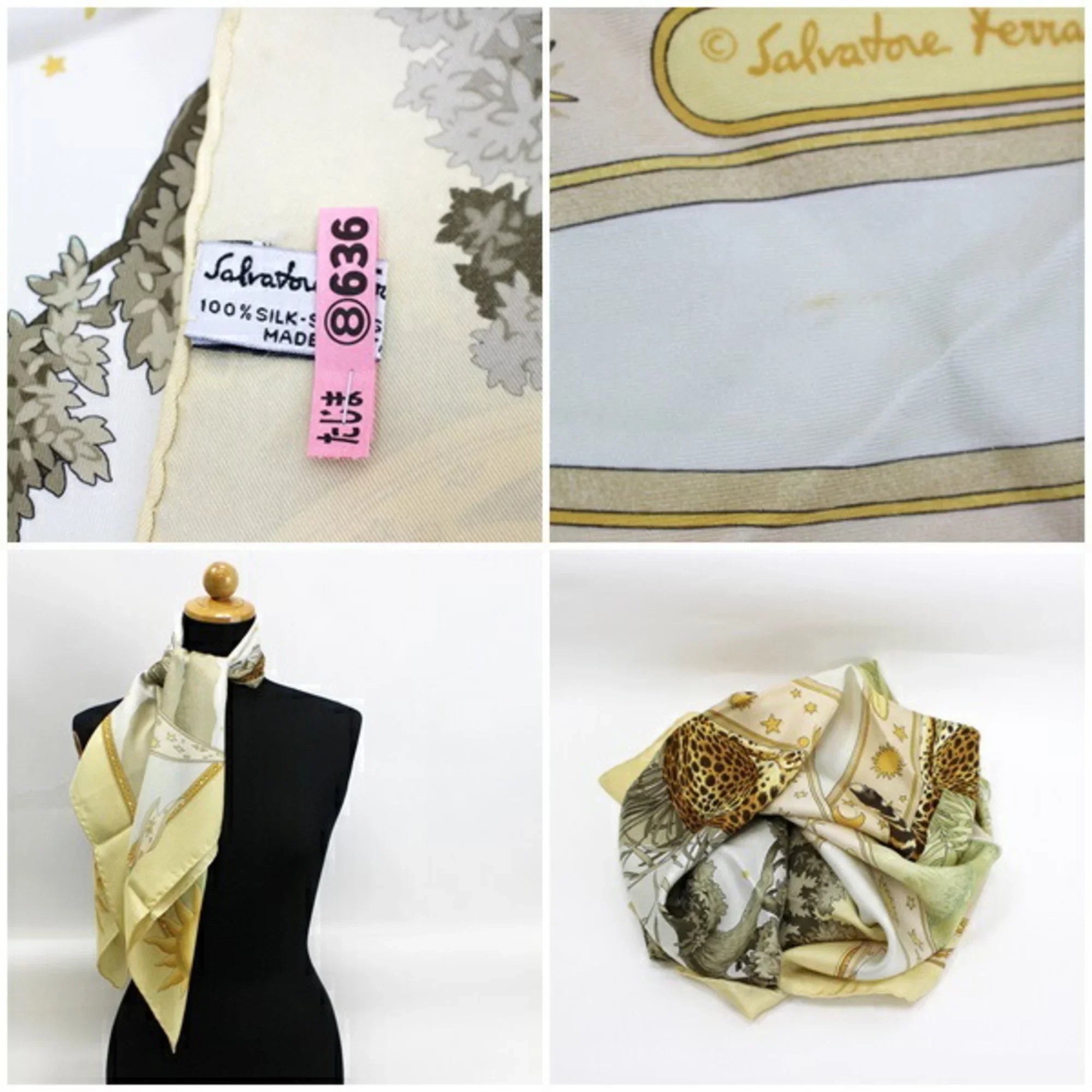 Pre-Owned FERRAGAMO paper Salvatore yellow animal Ferragamo ladies print SALVATORE leopard scarf pattern (Good) muffler silk