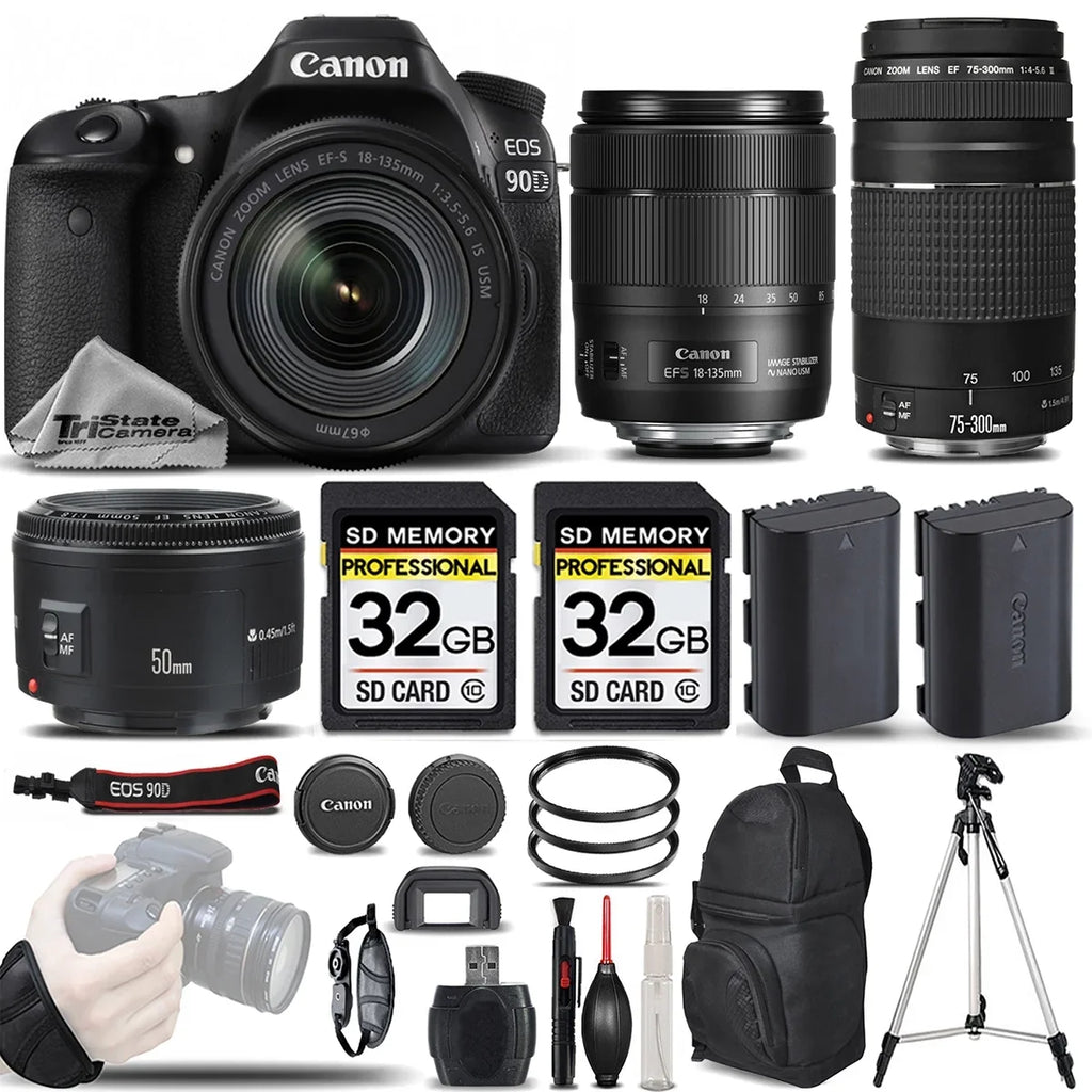 Canon SLR II HD + USM + Original Accessories 18-135mm EOS All Included Canon + Lens Wi-Fi Lens Camera Canon Lens. 1.8 Full Canon 4K30p III Digital IS 90D 50mm 75-300mm