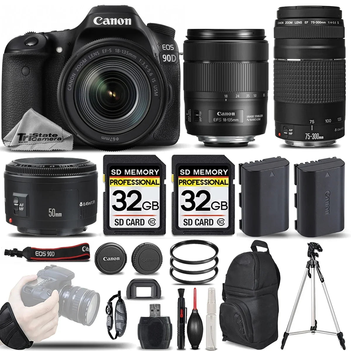 Canon SLR II HD + USM + Original Accessories 18-135mm EOS All Included Canon + Lens Wi-Fi Lens Camera Canon Lens. 1.8 Full Canon 4K30p III Digital IS 90D 50mm 75-300mm