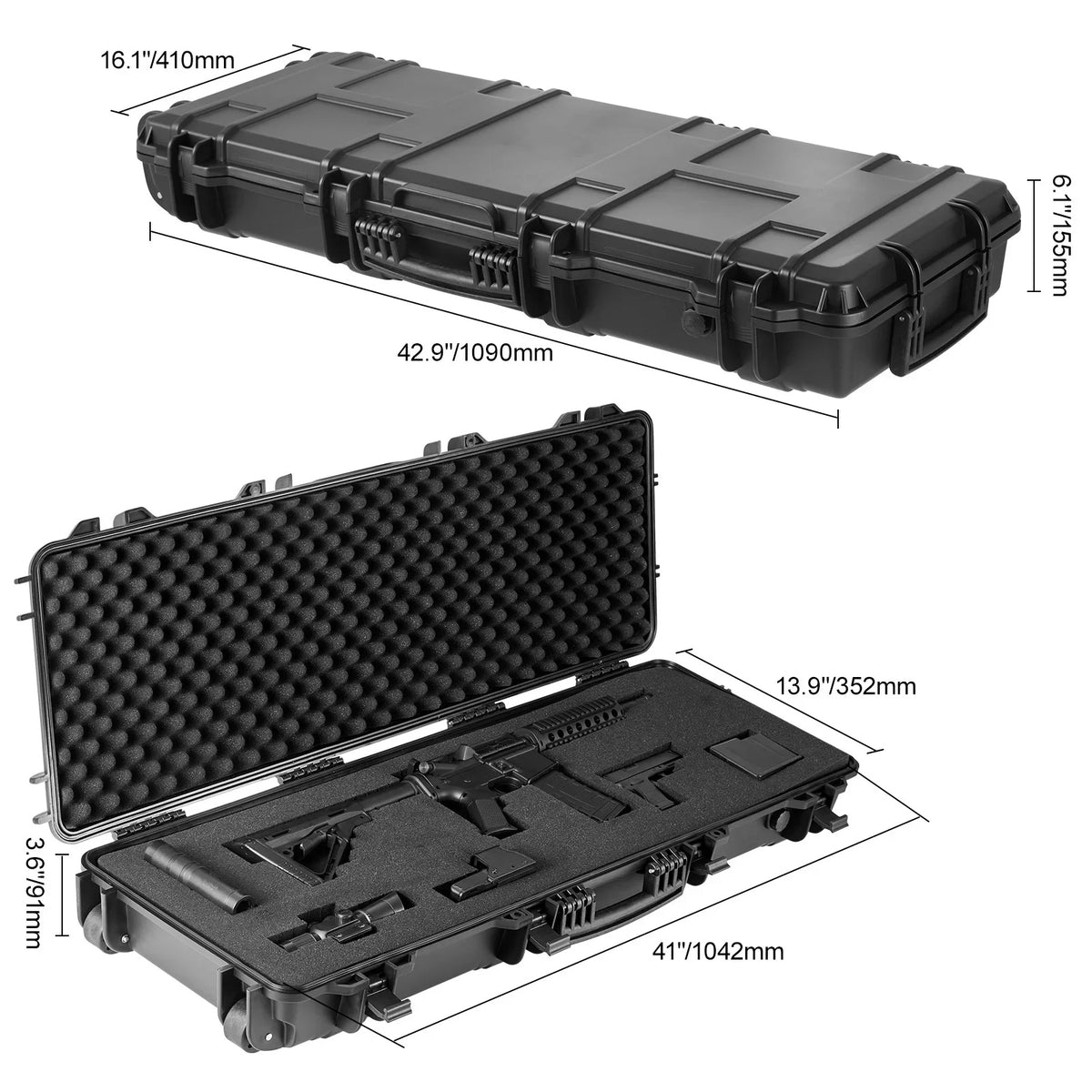 3 Foams, & Two Layers Rifle IP67 Case, inch Hard 42 Case Wheels, lockable for Shotguns, SKYSHALO Gun Gun with Fully-protective Case Hard or Rifle Airsoft with Rifles Waterproof Crushproof,