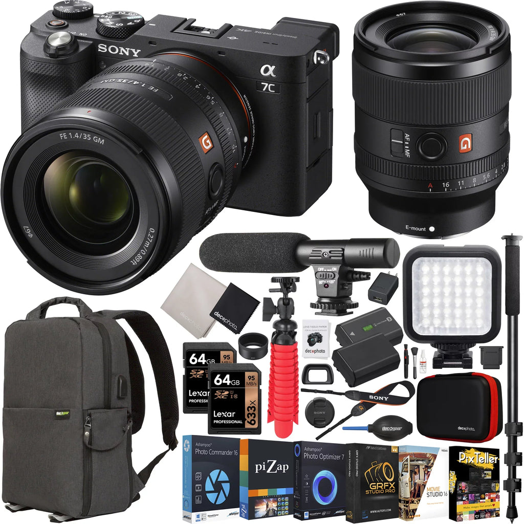 Body Camera Lens F1.4 ILCE7C/B 35mm GM Accessories Deco Frame Black Full Case with and Bundle Photography Sony + Gear Mirrorless SEL35F14GM LED Sony Monopod + Master + + G FE Backpack Microphone a7C