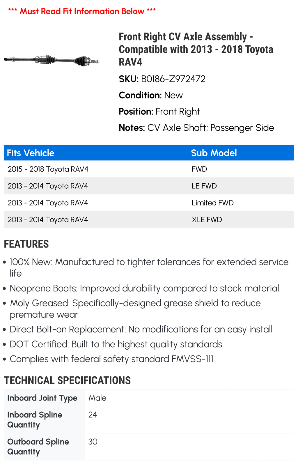 2014 2016 - RAV4 Front with Compatible Assembly 2013 2018 CV Right 2017 Toyota 2015 Axle -