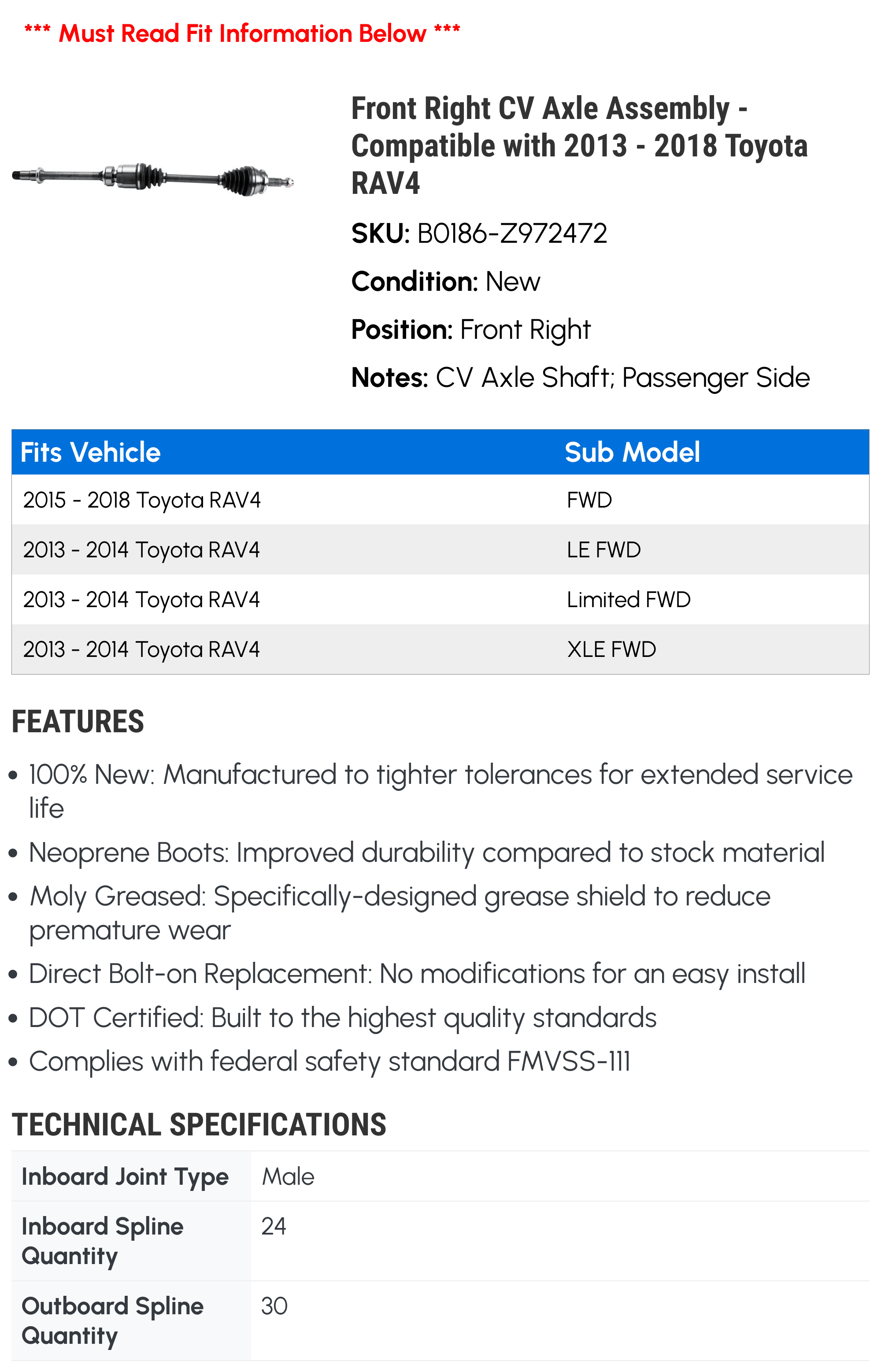 2014 2016 - RAV4 Front with Compatible Assembly 2013 2018 CV Right 2017 Toyota 2015 Axle -