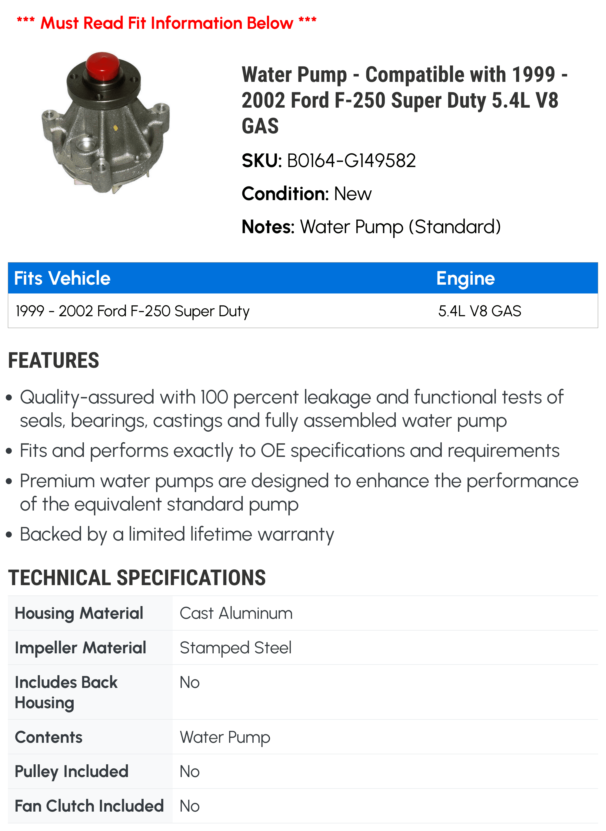 Ford Compatible F-250 1999 Duty - 2001 with GAS 2002 - 5.4L Super V8 Pump Water 2000