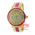 Real Gold Tourmaline Pink Bezel Diamond Stainless Steel Dial Custom Tone Mens Watch