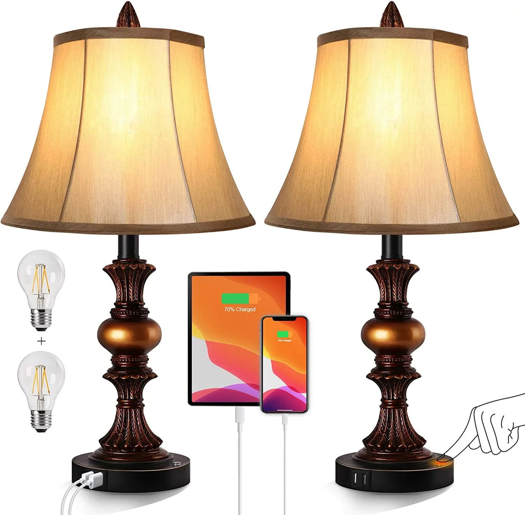Port Nictiv 2 with Bulbs Touch Lamp Lamps, Control LED Dimmable Wooden Table Free Traditional of Nightstand Sets Bedroom USB 3-Way Lamp 4 Lamp with Bedside Set 2