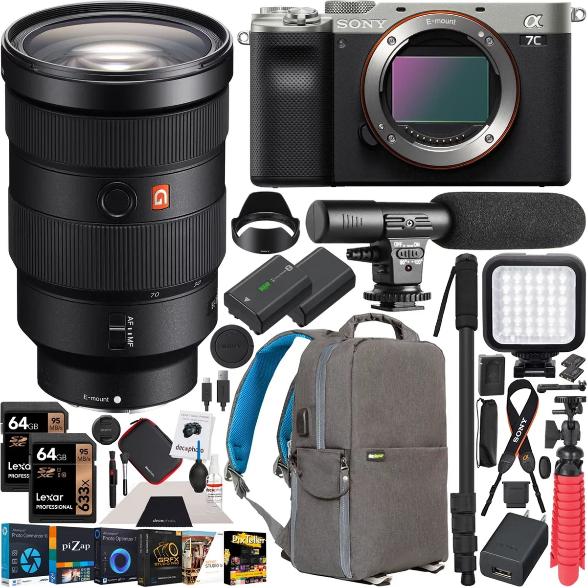 SEL2470GM Sony FE F2.8 24-70mm Master Lens Gear GM Bundle ILCE7C/S G Camera , with Case Deco Software Body Sony Full a7C w/ Backpack Mirrorless Frame Accessories Silver and Photography Zoom