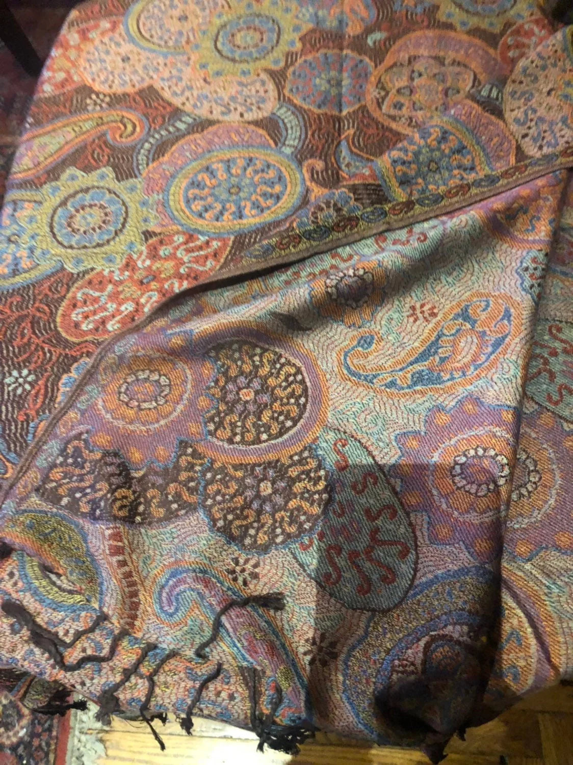 Orange Pashmina Brown Vintage Scarf Brocade Paisley Wrap