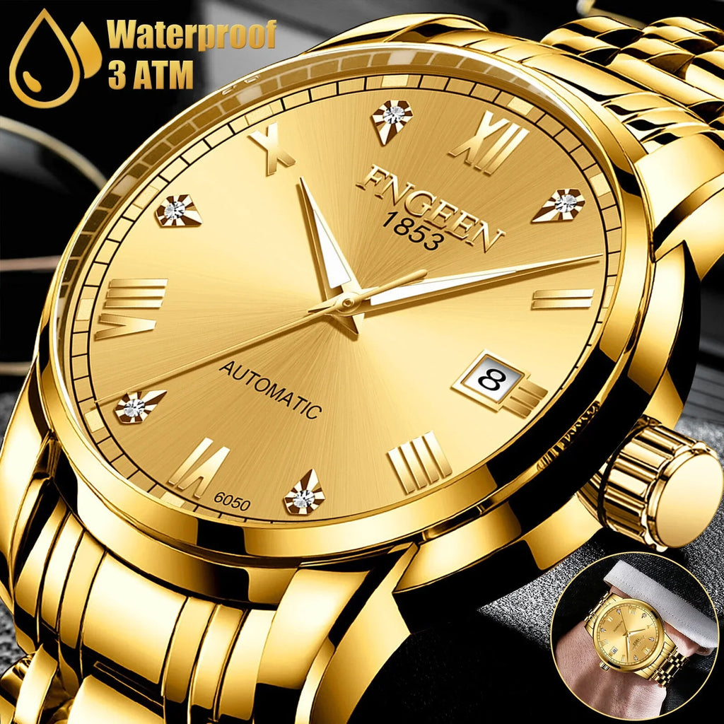 Stainless Wrist Men Mechanical Watch Gold Luxury Automatic Tone Waterproof Steel
