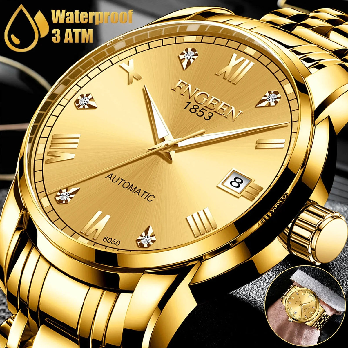 Stainless Wrist Men Mechanical Watch Gold Luxury Automatic Tone Waterproof Steel