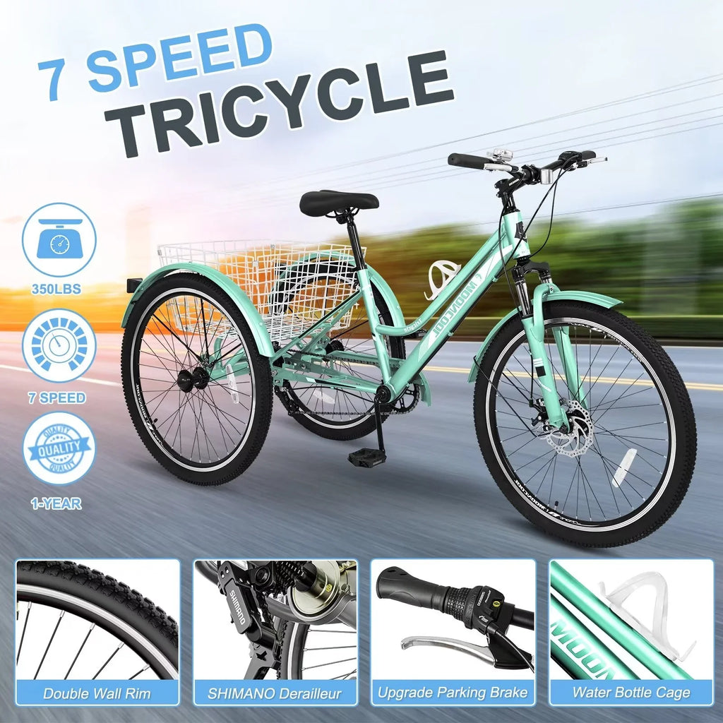 Trikes for Tricycles, Shopping, 3-Wheeled w/Spacious MOPHOTO Heavy Rides, Adults and Mountain Exercise, Duty 7-Speed Recreation Basket 24"/26"/27.5" Adventurous Bike