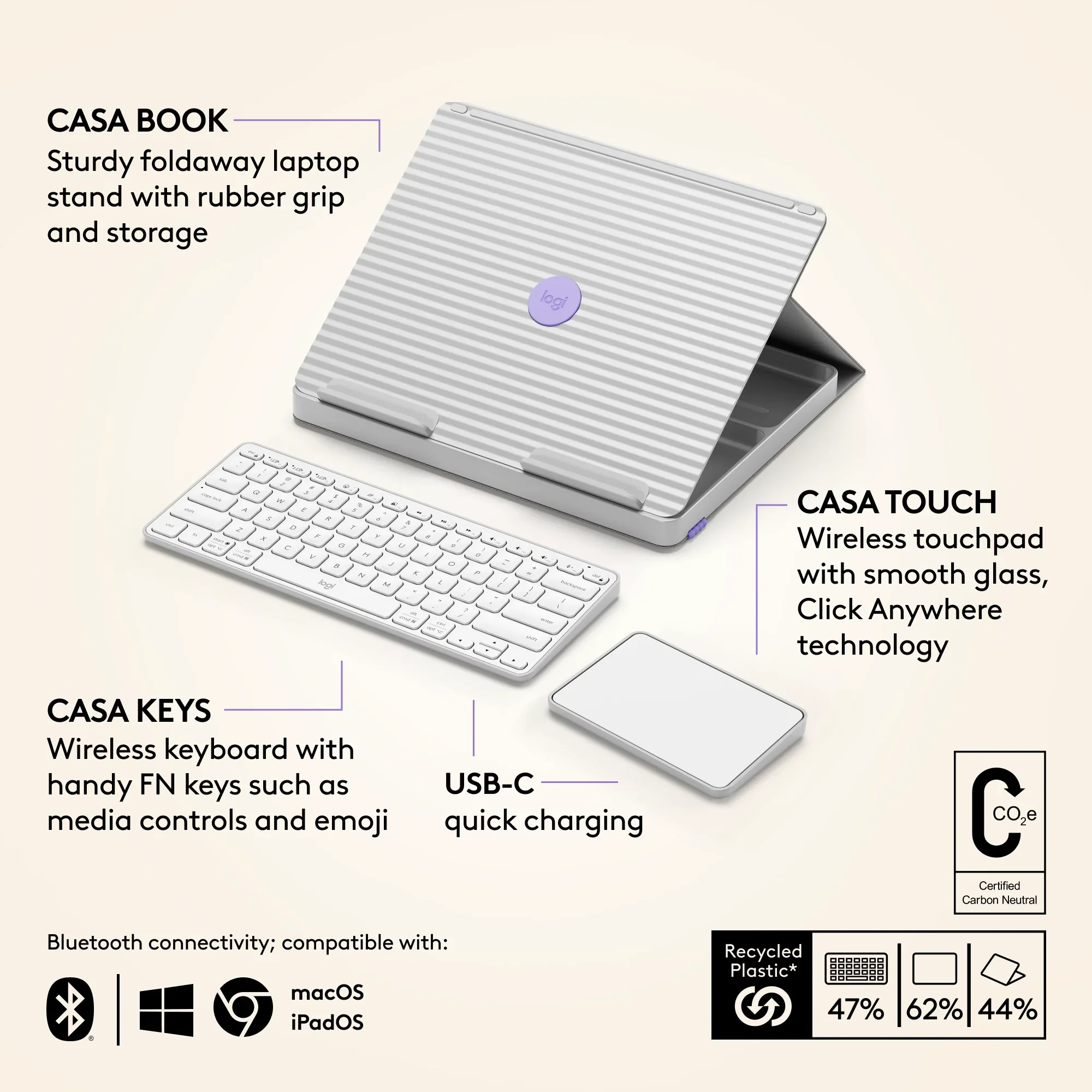Bluetooth, Up Wireless for Laptop ChromeOS Calm Charging, Windows, Keyboard Kit to Laptop/MacBook - Casa Logitech USB 17?) - (10? & C Stand, Desk Home From with Touchpad, macOS, Work Pop Nordic