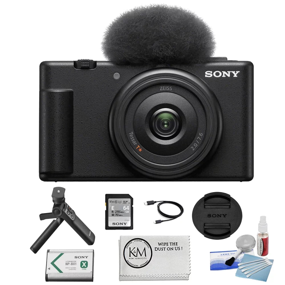 Design Kit Items) | Black + Camera ZV-1F Vlogging Camera (4 Camera with Cleaning K&M Precision + Vlogger Kit Accessory Sony Sony Cleaning Bundle Cloth