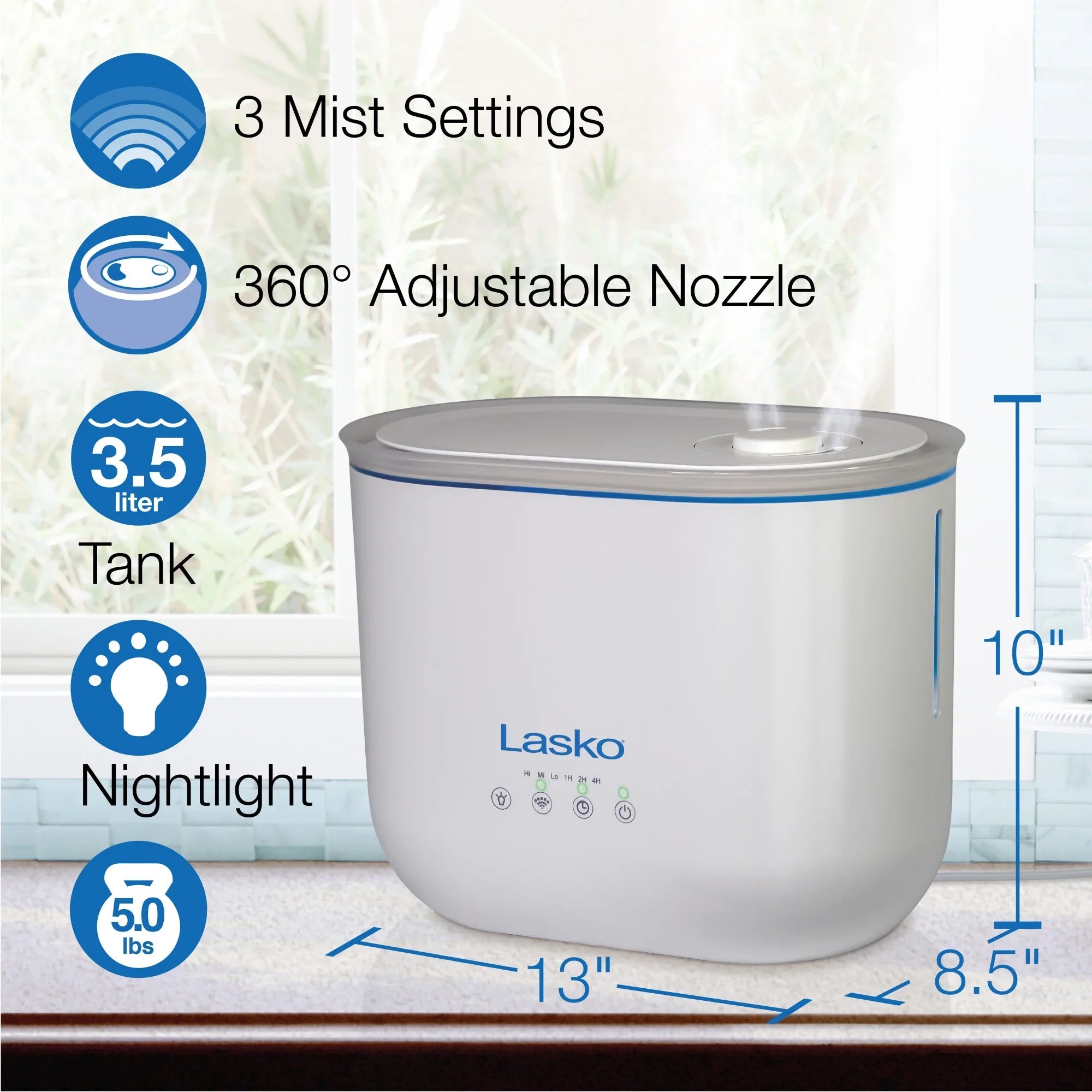 Humidifier Mist Cool with 0.92 Timer, Ultrasonic Lasko Sq. 18-Hour ft., UH250 Gallon, 370