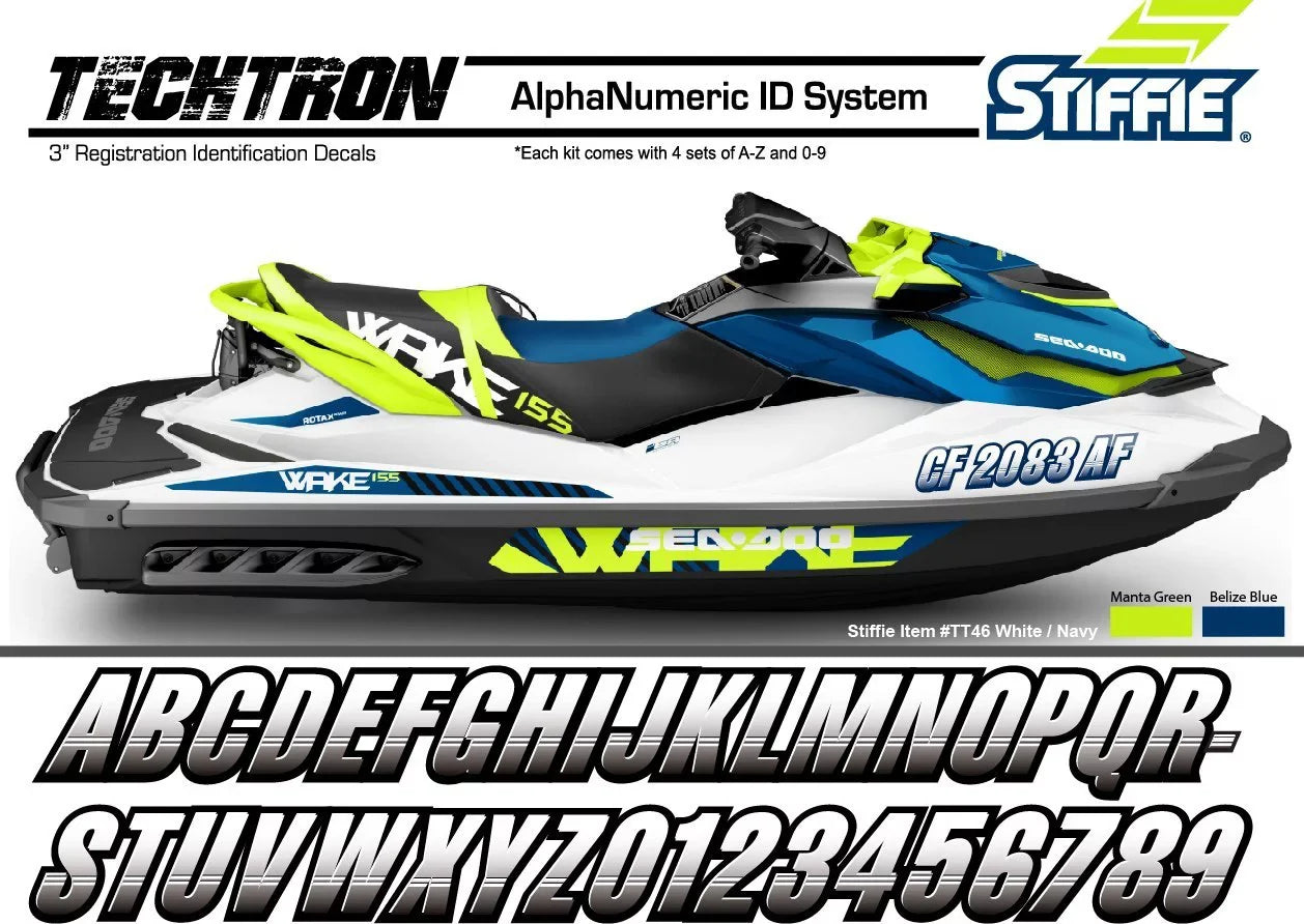 Alpha-Numeric Marine PWC Numbers & for STIFFIE Techtron Decals Yellow/Navy Kit Personal Registration Letters & Stickers Custom Watercraft 3" Boats Identification
