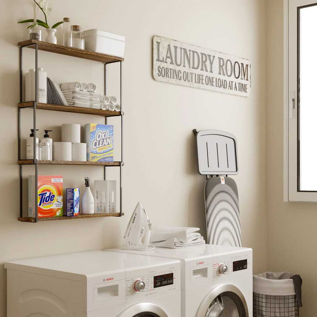 Porto Wall Kitchen 4-Tier Rustic Floating Wood Farmhouse for Laundry Bookcases Organizer, Burned Storage Natural Wallniture Shelves