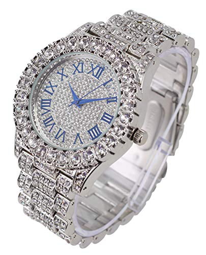 Iced #) Out Wristwatch Mens Dial Rocks Colorful Fully Big Cuban - Shiny RN Silver ST10327 Silver Cuban Out (Silver w/Blinged Bracelet Roman Numerals with R Charles Blue Royal Raymond