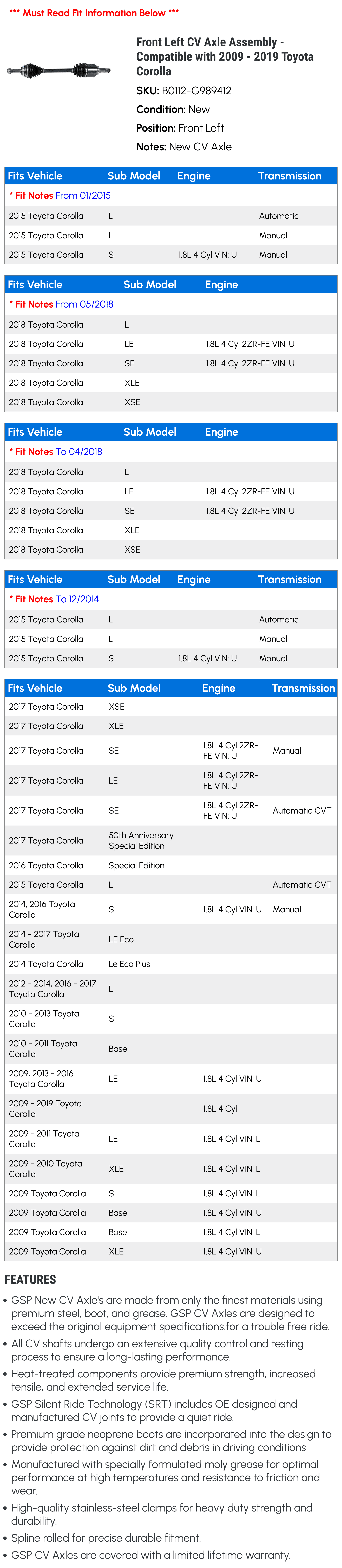 Left 2011 2018 Compatible with 2019 - 2010 Front 2015 2017 2014 Toyota Assembly 2013 2012 CV 2016 Corolla - 2009 Axle