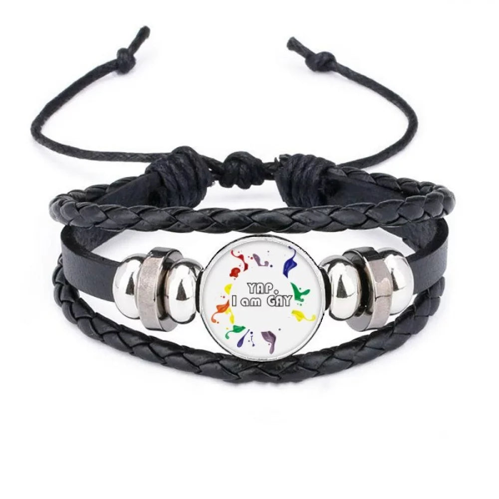 Men Wristband Rainbow Woven Flag Rope Am I Bracelet Leather LGBT Yap Braided