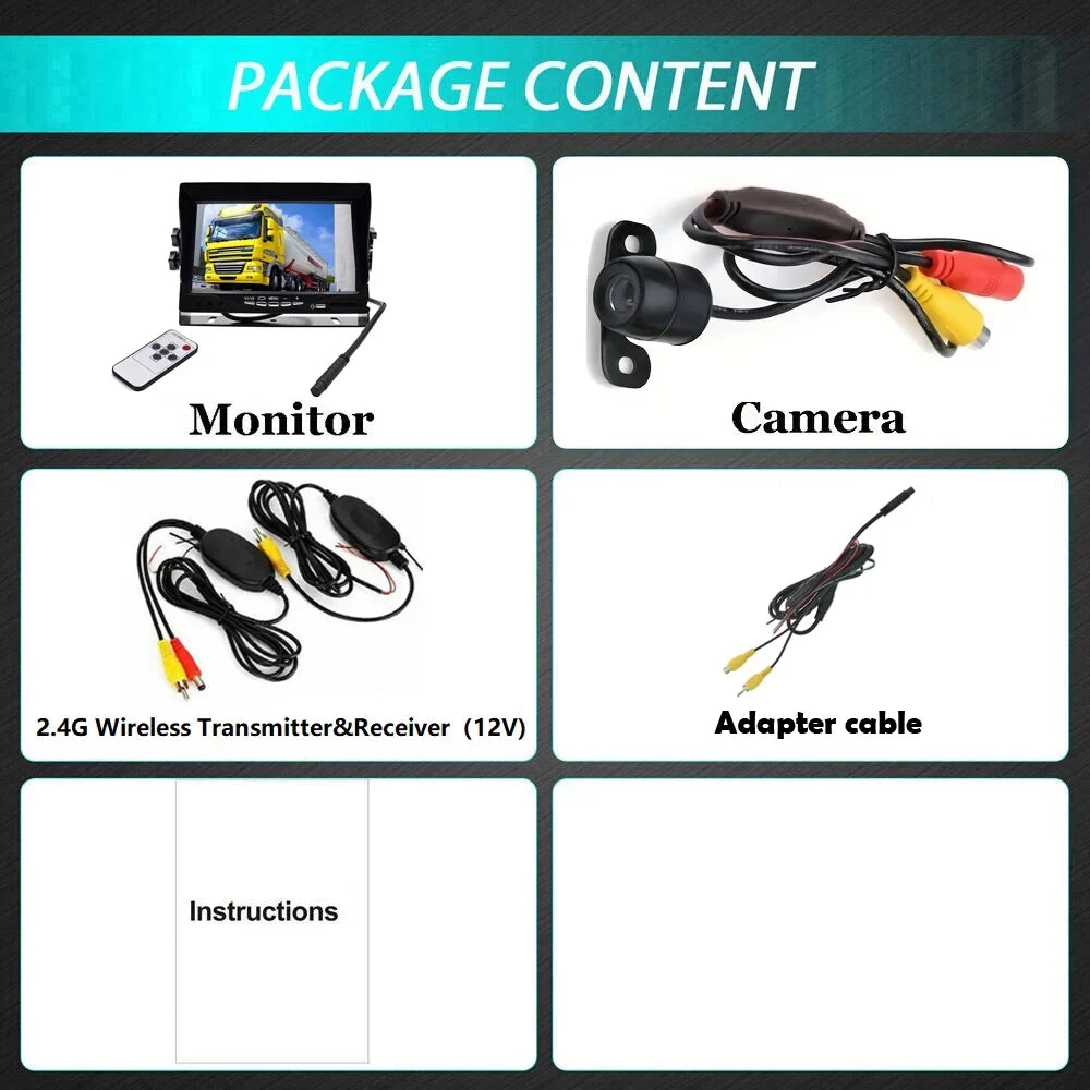 Rear Vision Wireless 7inch Car + HD Monitor Night Backup View System Parking Camera