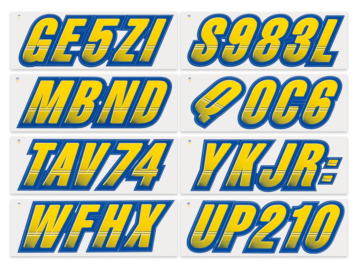 Alpha-Numeric Marine PWC Numbers & for STIFFIE Techtron Decals Yellow/Navy Kit Personal Registration Letters & Stickers Custom Watercraft 3" Boats Identification