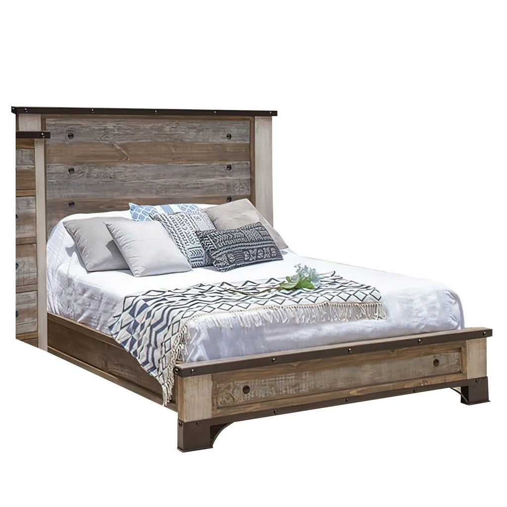 Size Round Brown Wood Fena Bed, Benjara Multicolor Nailheads, King Distressed Black