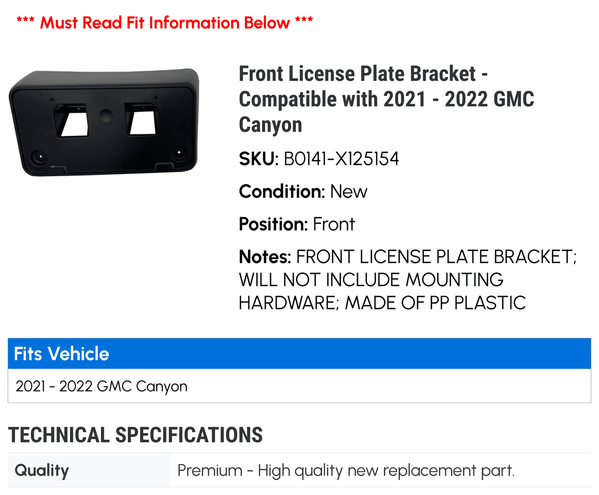 Front Bracket Compatible - GMC Canyon License Plate 2021 2022 - with