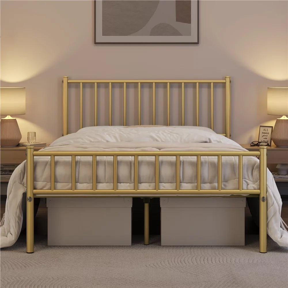 with Headboard Bed Gold Metal and Footboard,Full,Antique Easyfashion Platform Spindle Justin