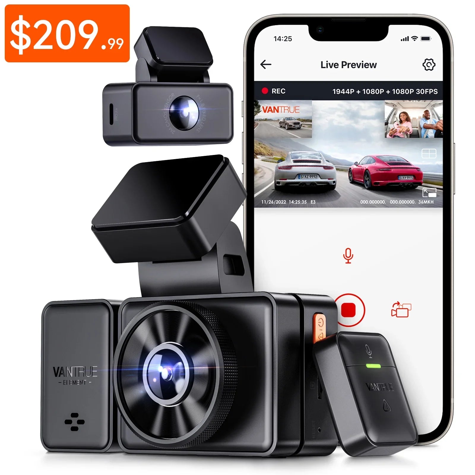and WiFi Control, Way IR Support Dash Vantrue Dash 24 STARVIS Triple Front Inside, 3 Hours 2.5K GPS with Vision, Cam Night Rear Mode, Camera Channel Max Parking 512GB 3 E3 Voice 1944P+1080P+1080P