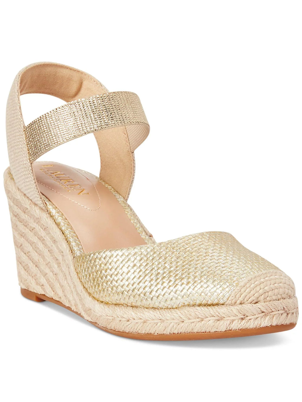 Strap Gold Espadrille Toe Cap Wedge Pearle LAUREN Mens Slip Shoes Padded On LAUREN B Media Mixed RALPH Ankle 8