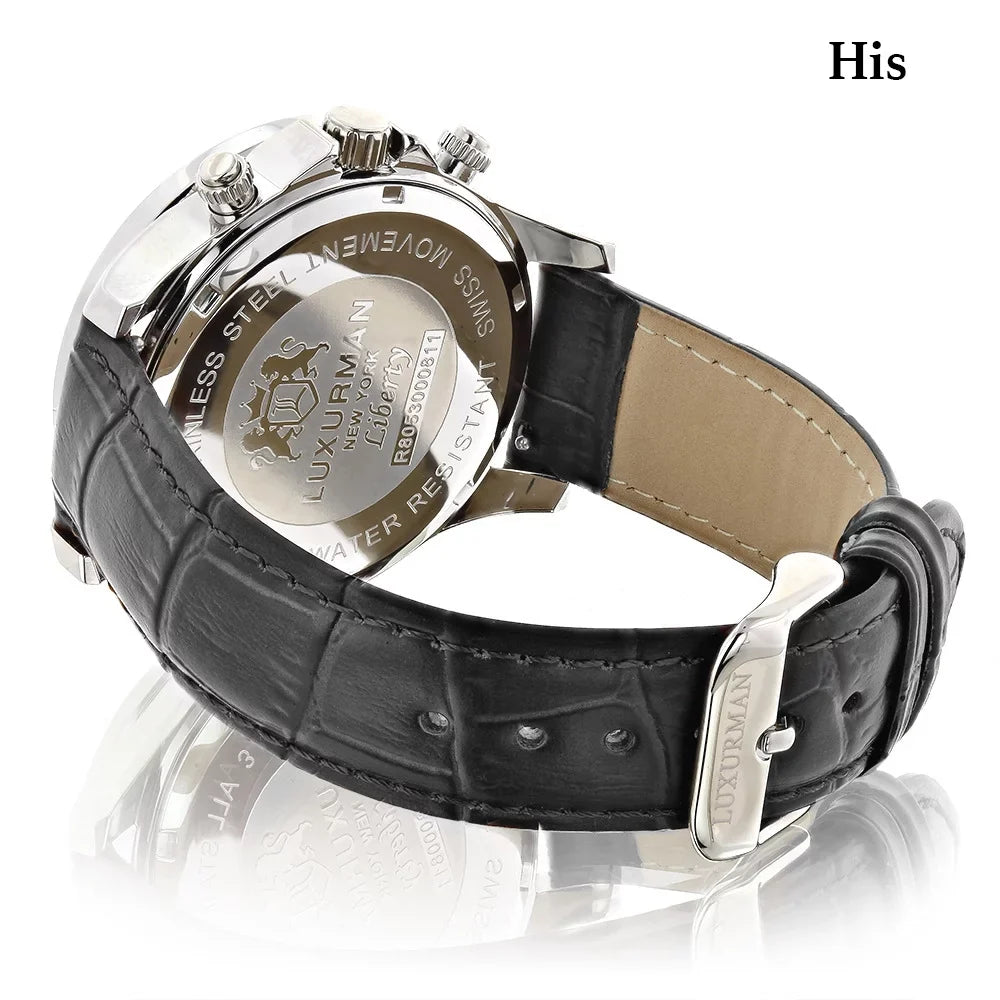 Band Matching Diamond Leather Watches w Mvt Hers MOP Black White His Real Swiss and