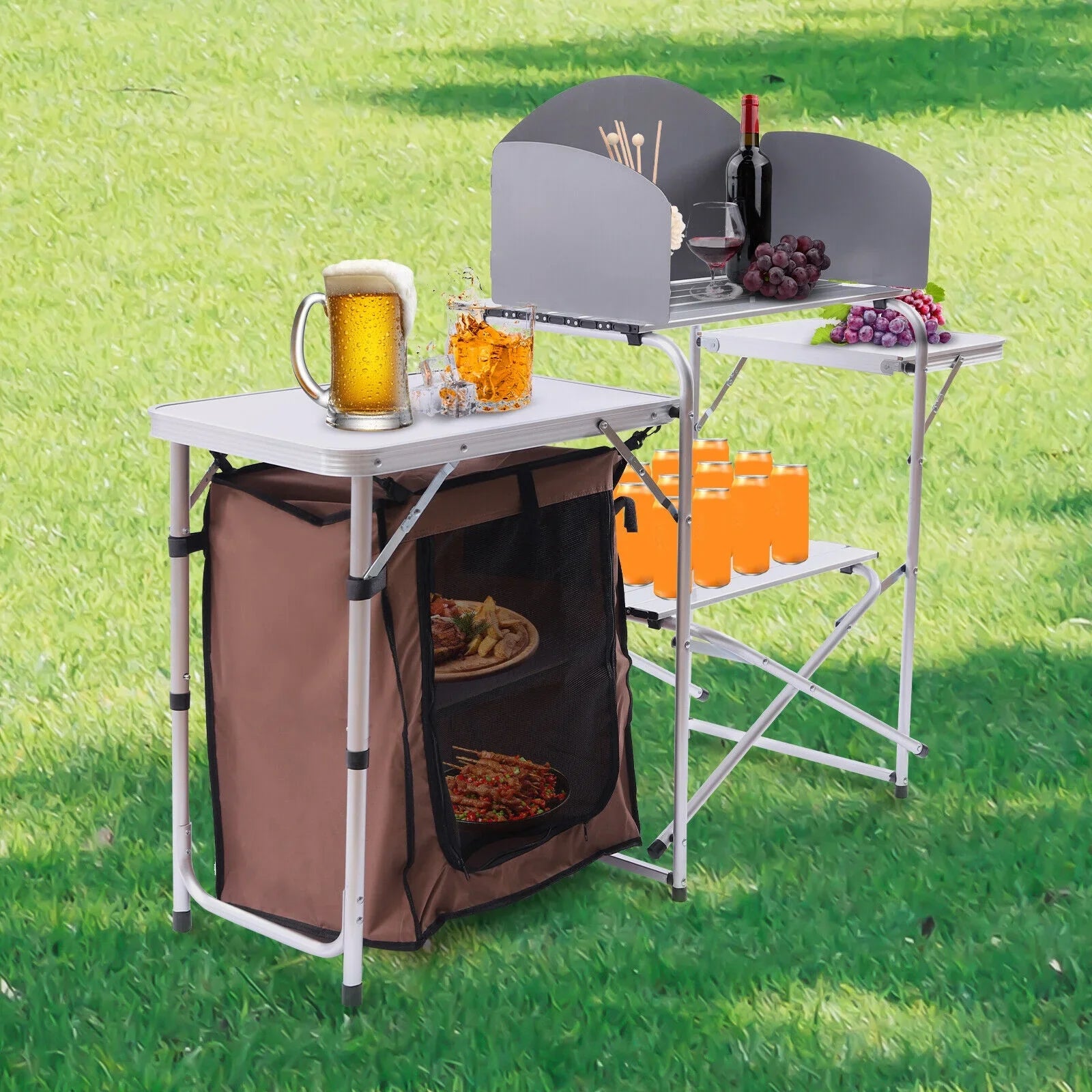 Cabinet Table BBQ Kitchen Storage Picnic Folding Table Portable Miumaeov Camping Rack