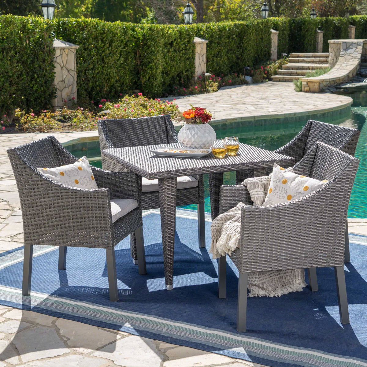 Piece with Set Cushions, Wicker Square Arcadia Dining Silver Grey, Outdoor 5