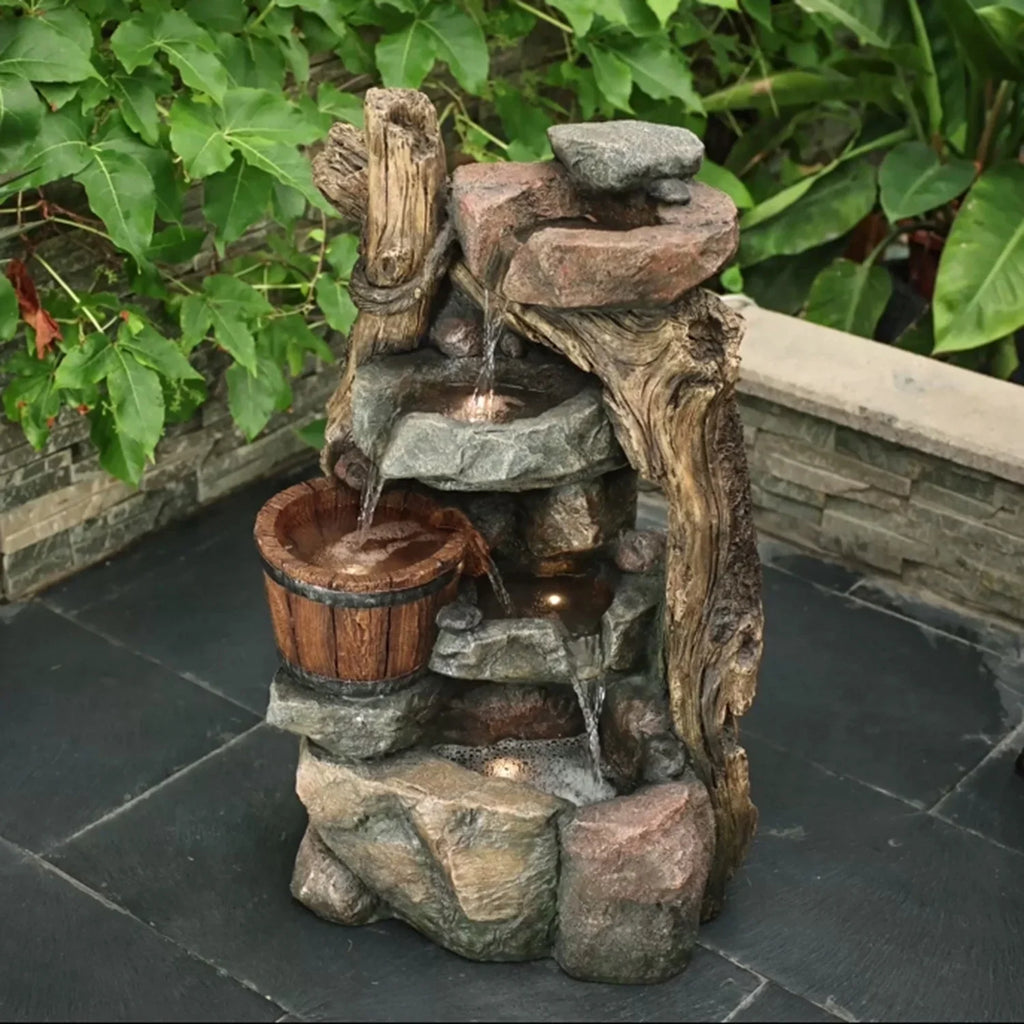 Wall And Rock Barrel Stacked Naturally Fountain With HomeStock Outdoor Nice Lights Led Resin