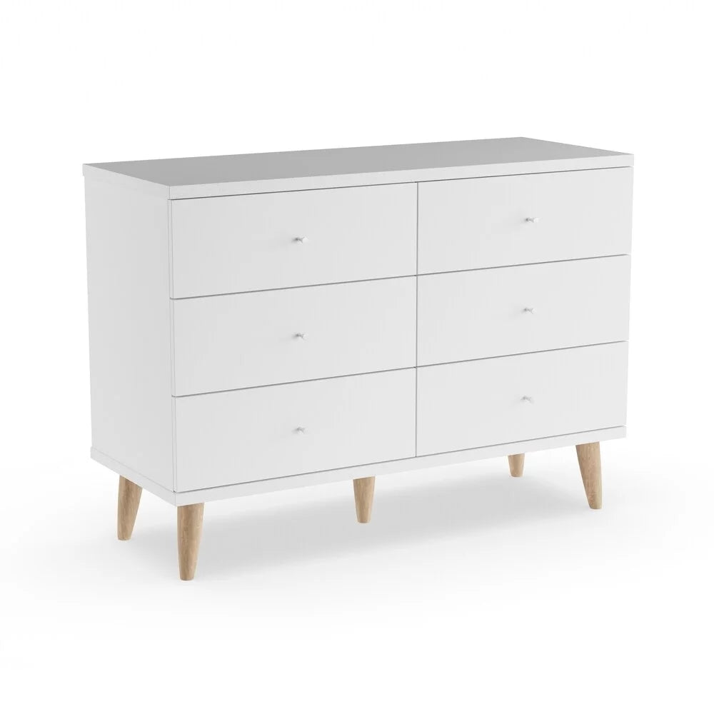 BASIC Mid-Century White Dresser 47-inch Modern Wide 6-Drawer by Denhour DH Knobs with