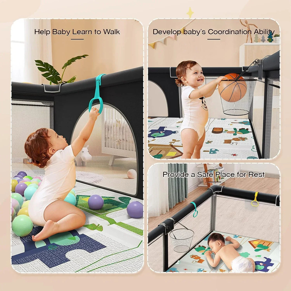 Rod & Sturdy Gate Safe Padding Babies, Washable Protecting Mat, 6in1 Upgraded Padded Playpen Play for with with Top Playpen Yard Toddlers, Zipper Large with 320D Baby for Playpen Cotton Baby