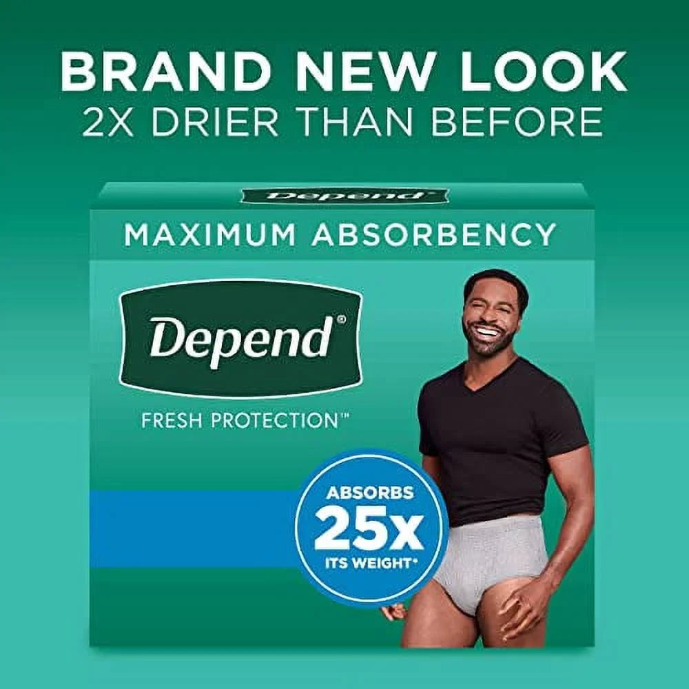 Maximum, Depend Men (Formerly Fit-Flex), for Extra-Large, Disposable, Depend Underwear Vary Grey, Fresh 26 May Protection Count, Incontinence Adult Packaging