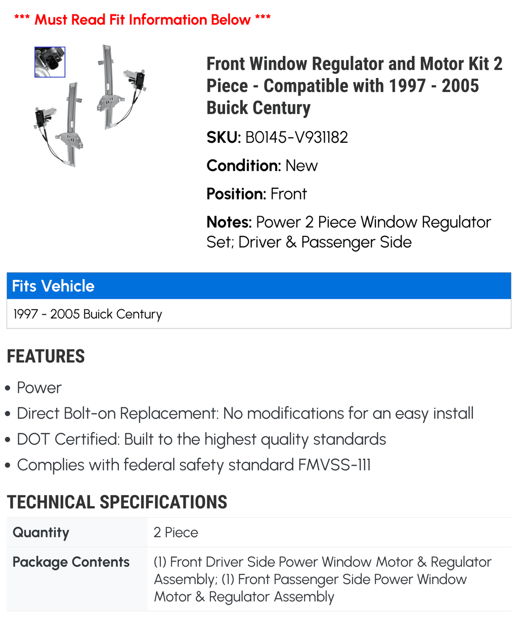 Kit Regulator 2002 Piece 2004 2005 Front Buick Window Motor 2001 Century and 1997 - 2 2003 Compatible with 2000 1998 1999 -