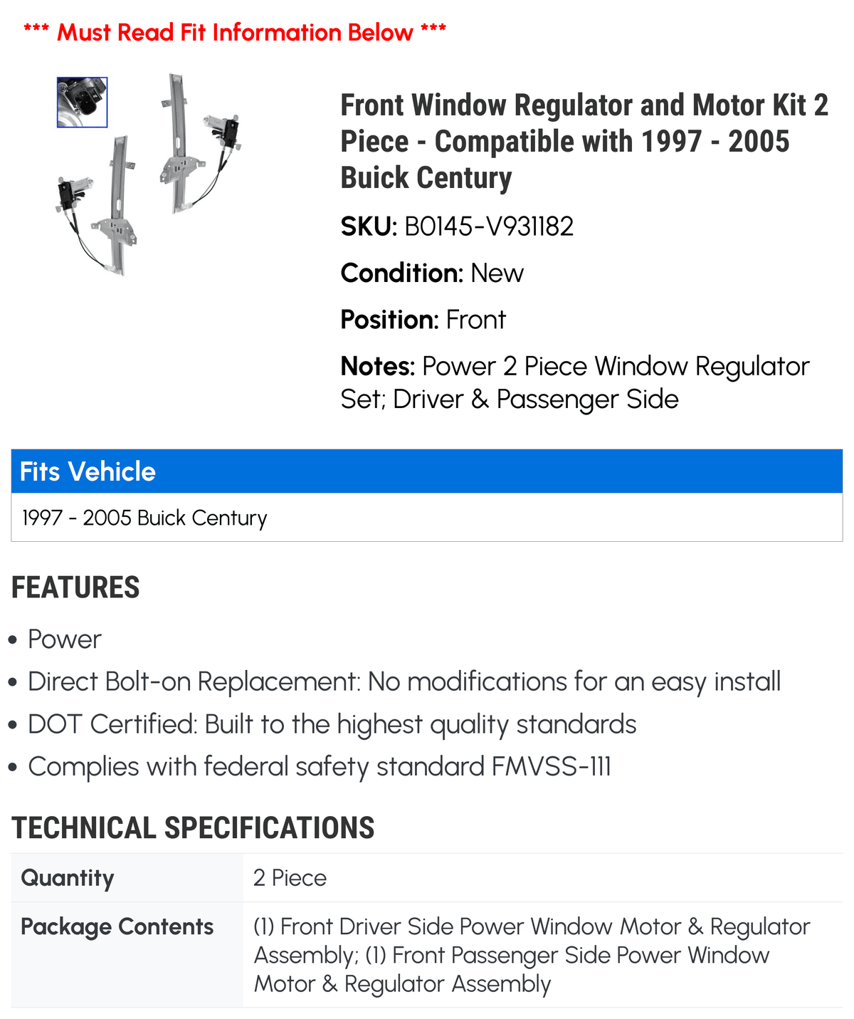Kit Regulator 2002 Piece 2004 2005 Front Buick Window Motor 2001 Century and 1997 - 2 2003 Compatible with 2000 1998 1999 -