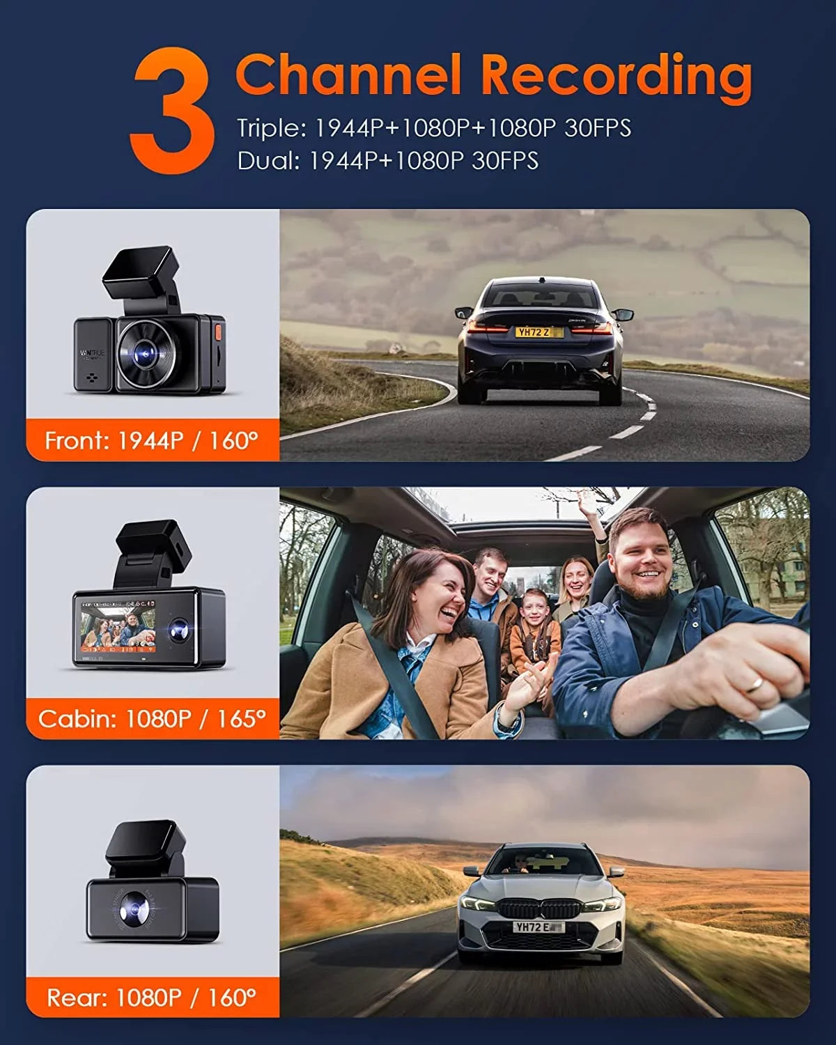 and WiFi Control, Way IR Support Dash Vantrue Dash 24 STARVIS Triple Front Inside, 3 Hours 2.5K GPS with Vision, Cam Night Rear Mode, Camera Channel Max Parking 512GB 3 E3 Voice 1944P+1080P+1080P