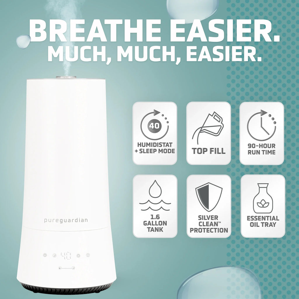 Mist 1.6 with 90-Hour 420 Sq. H997W Cool ft. Ultrasonic Humidifier Gallon PureGuardian Humidistat,
