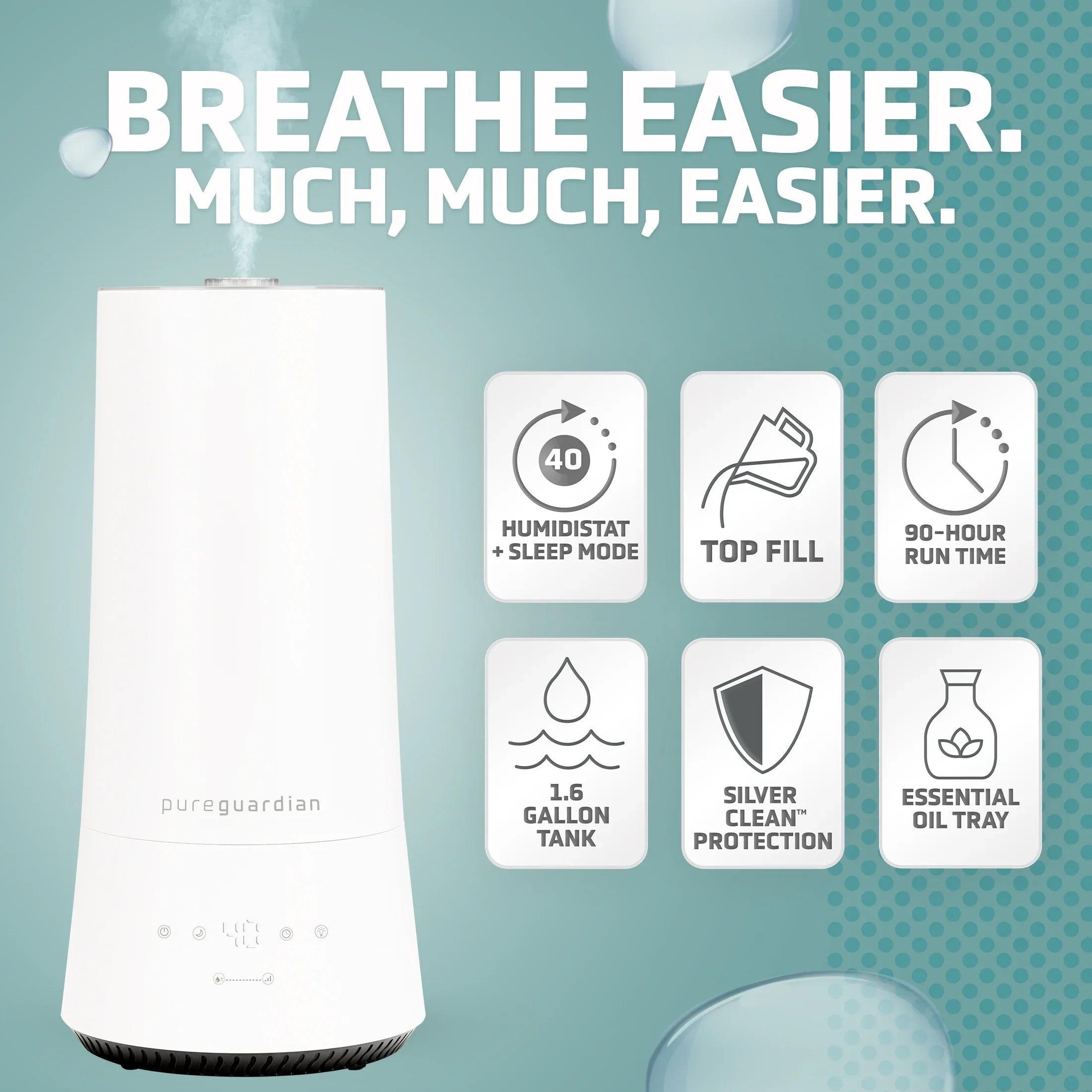 Mist 1.6 with 90-Hour 420 Sq. H997W Cool ft. Ultrasonic Humidifier Gallon PureGuardian Humidistat,