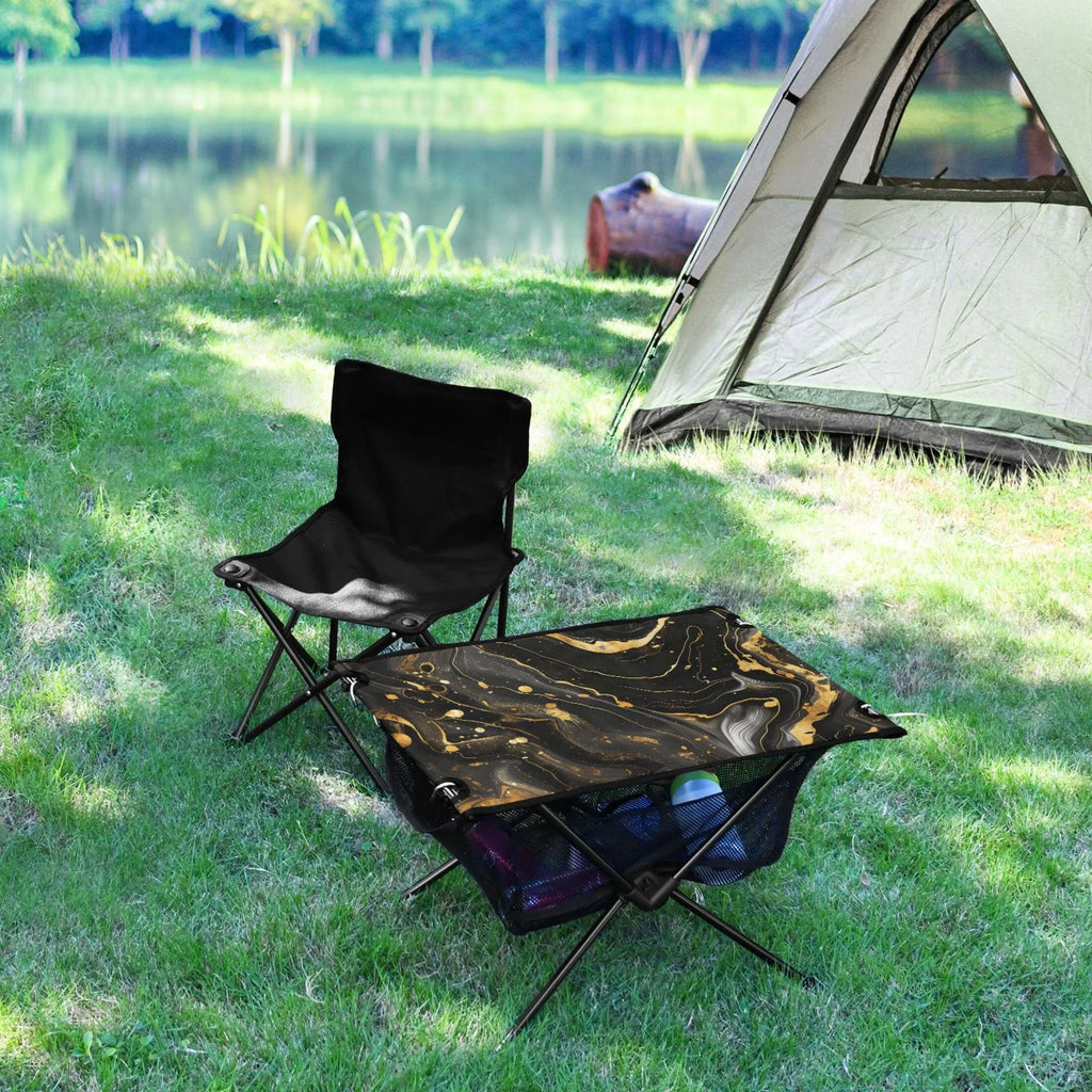 Table Beach Camping and Picnic Gold Fishing Outdoor Travel Bag with Storage for BBQ Compact Luxury Marble Table Table Folding Portable Black