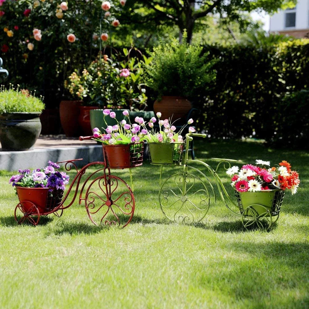 x Outdoor Pot Cart Decor, 18.5" Stand Indoor 9.8" Plant Iron Patio Planter, Garden Home 27.5" Plant Flower Tricycle x Holder Bicycle Stand